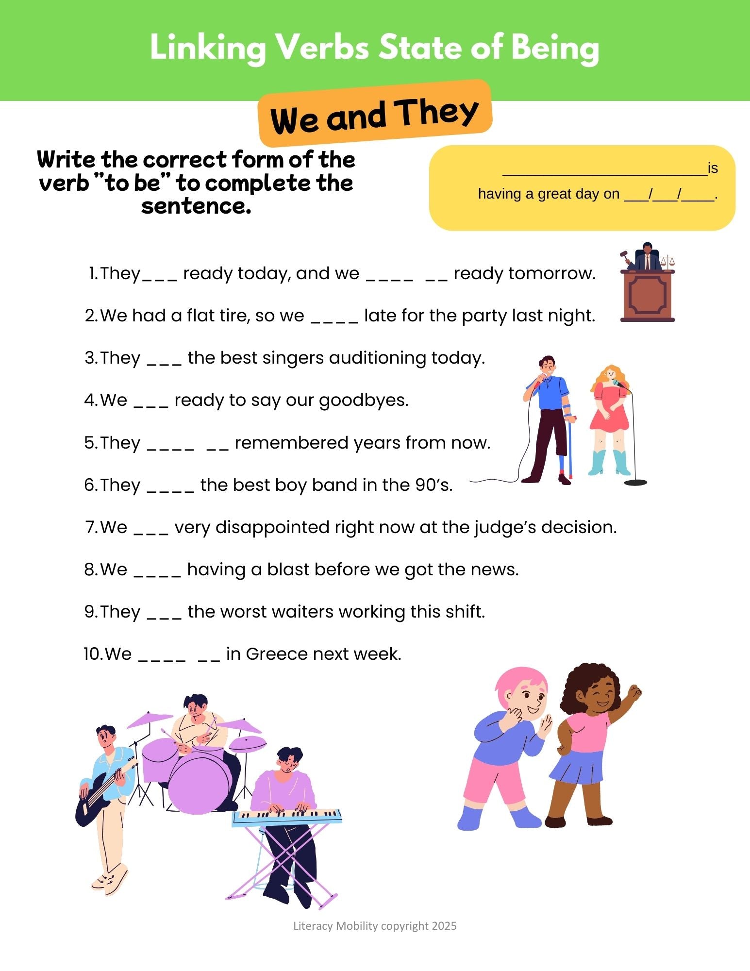 We and they worksheets linking verbs state of being
