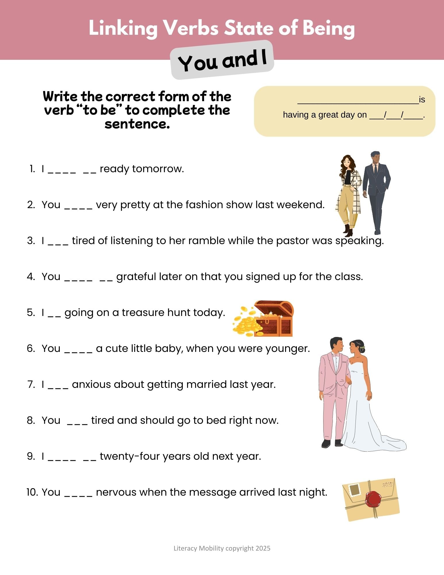 You and I worksheets teaching linking verbs state of being