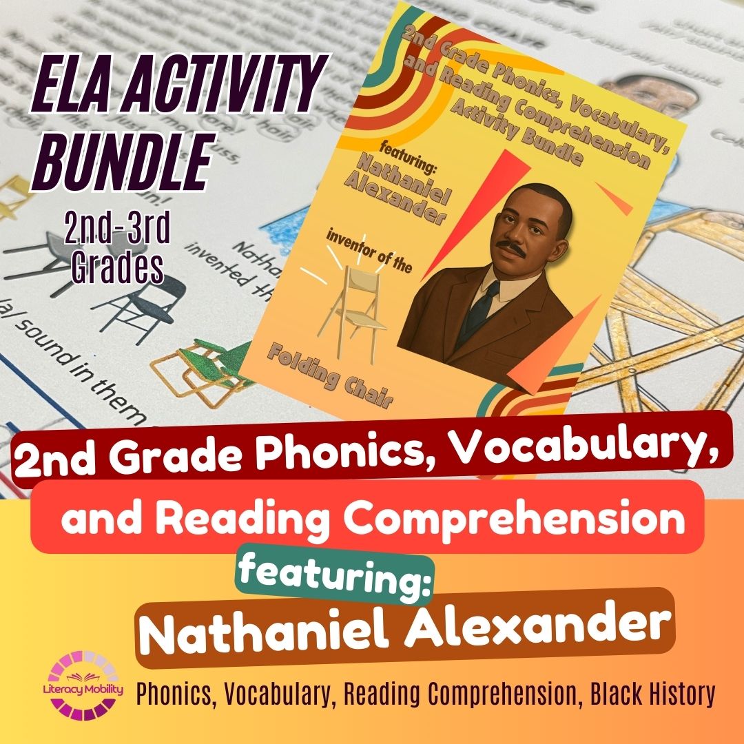 ELA activity bundle for 2nd and 3rd grades featuring Nathaniel Alexander on a colorful background.