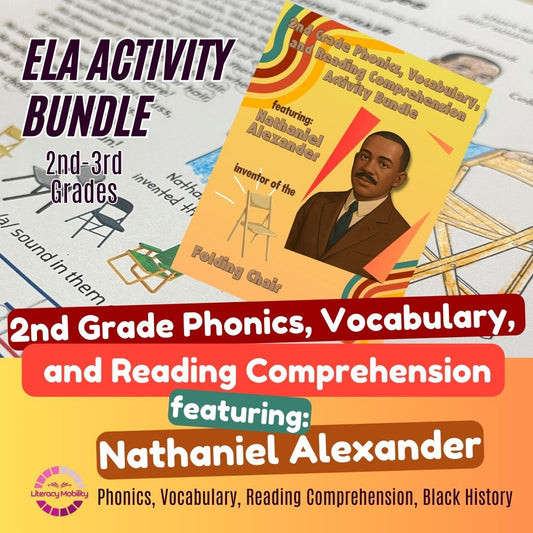 ELA activity bundle for 2nd and 3rd grades featuring Nathaniel Alexander on a colorful background.