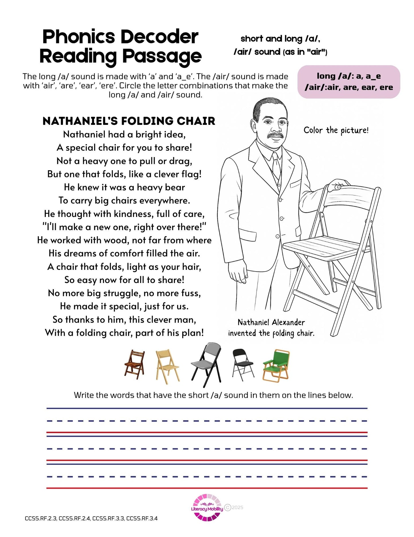 Educational worksheet about phonics and reading with a picture of a man and a chair.