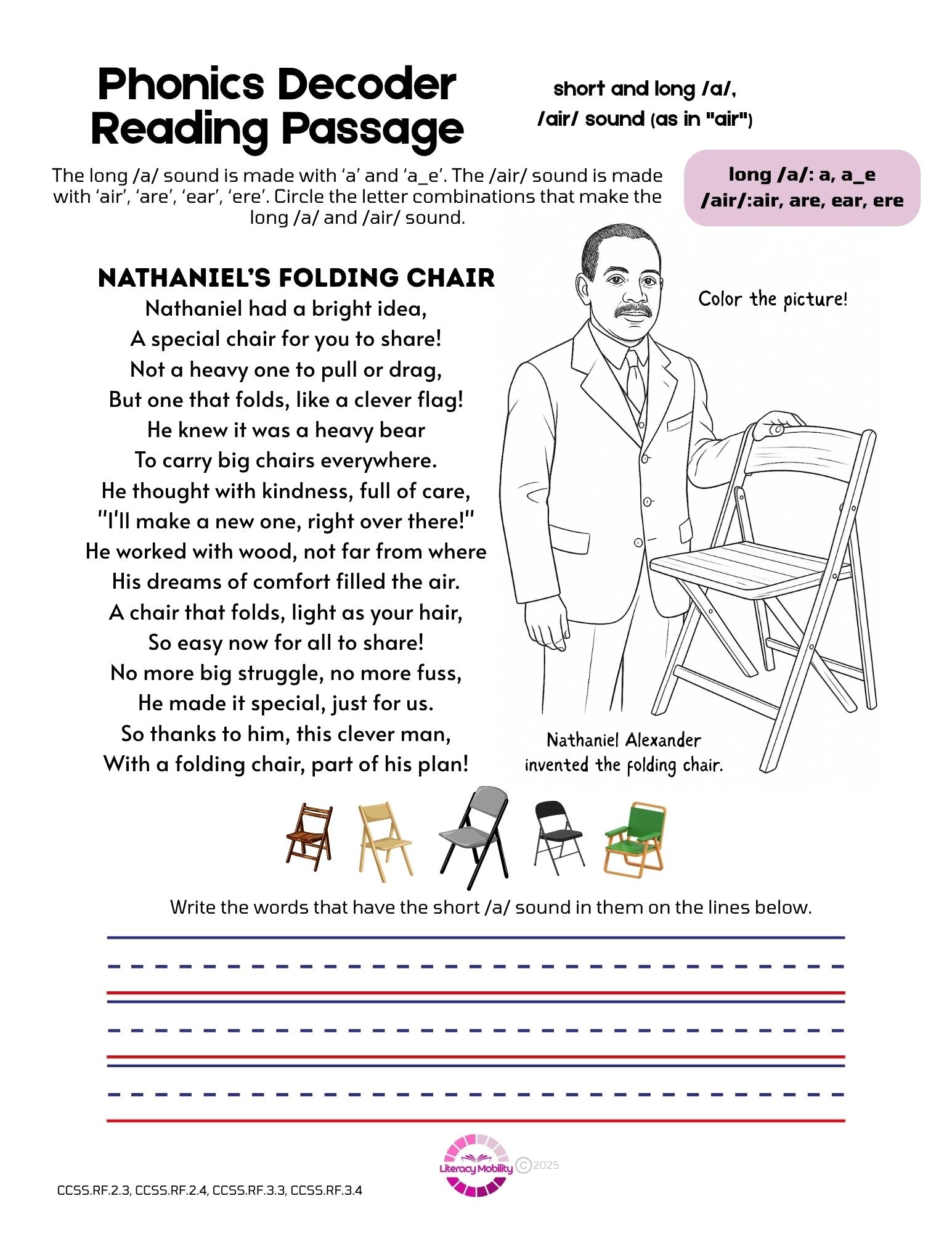 Educational worksheet about phonics and reading with a picture of a man and a chair.