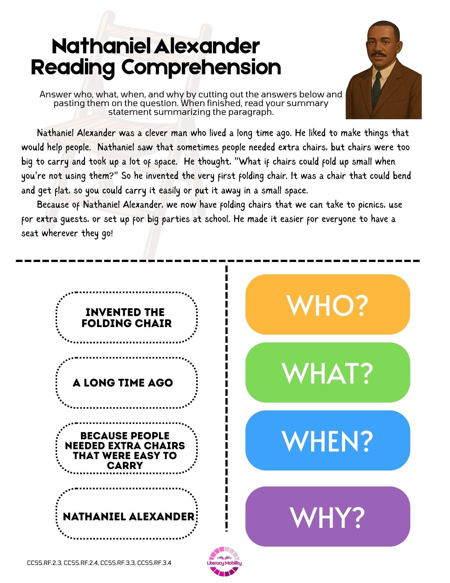 Reading comprehension worksheet about Nathaniel Alexander and folding chairs, with color-coded questions.
