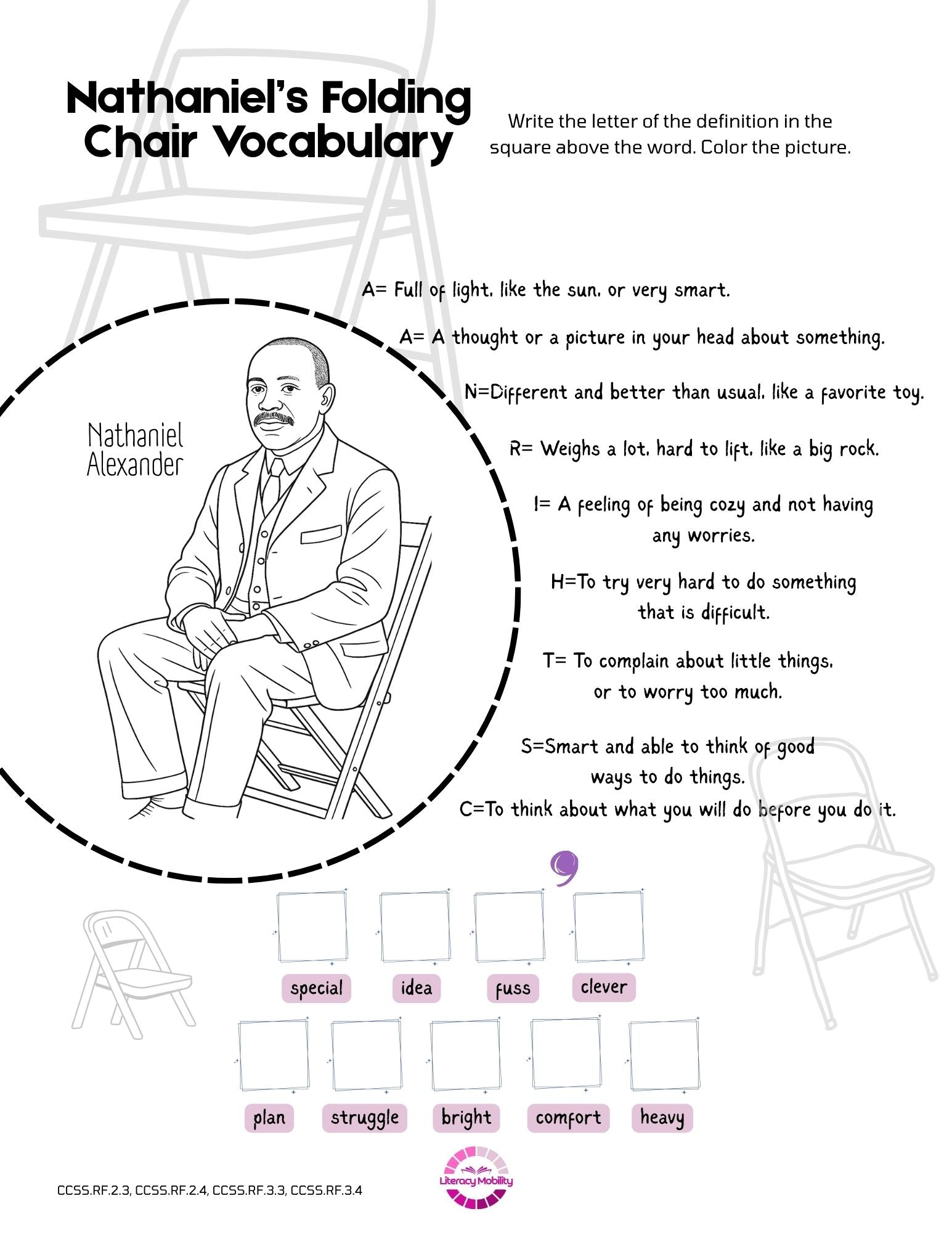 Educational worksheet with a picture of a man sitting on a folding chair, vocabulary definitions, and coloring activity.