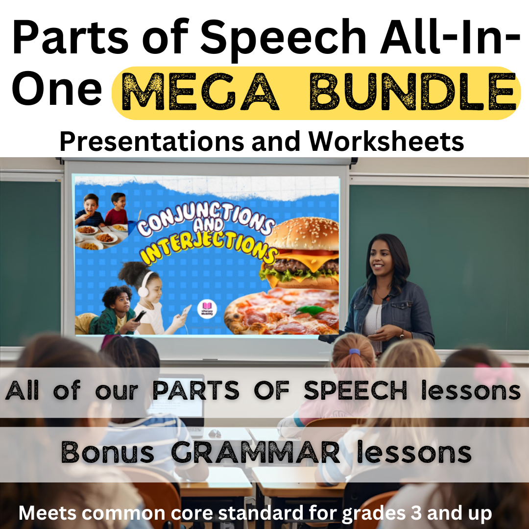 Classroom setting with a teacher and students, promotional text for parts of speech bundle.