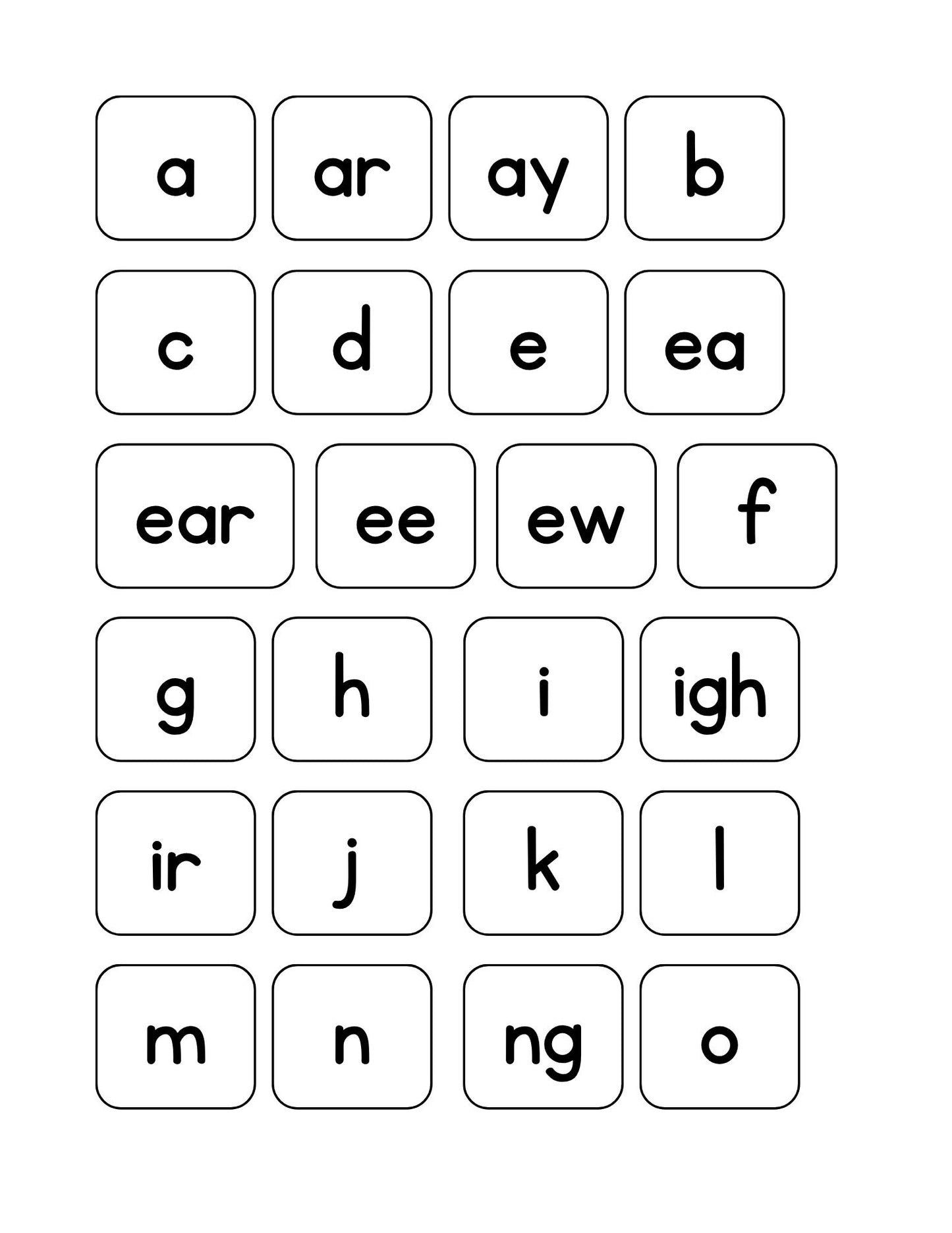 Set of phonetic sound cards with letters and vowel combinations on a white background