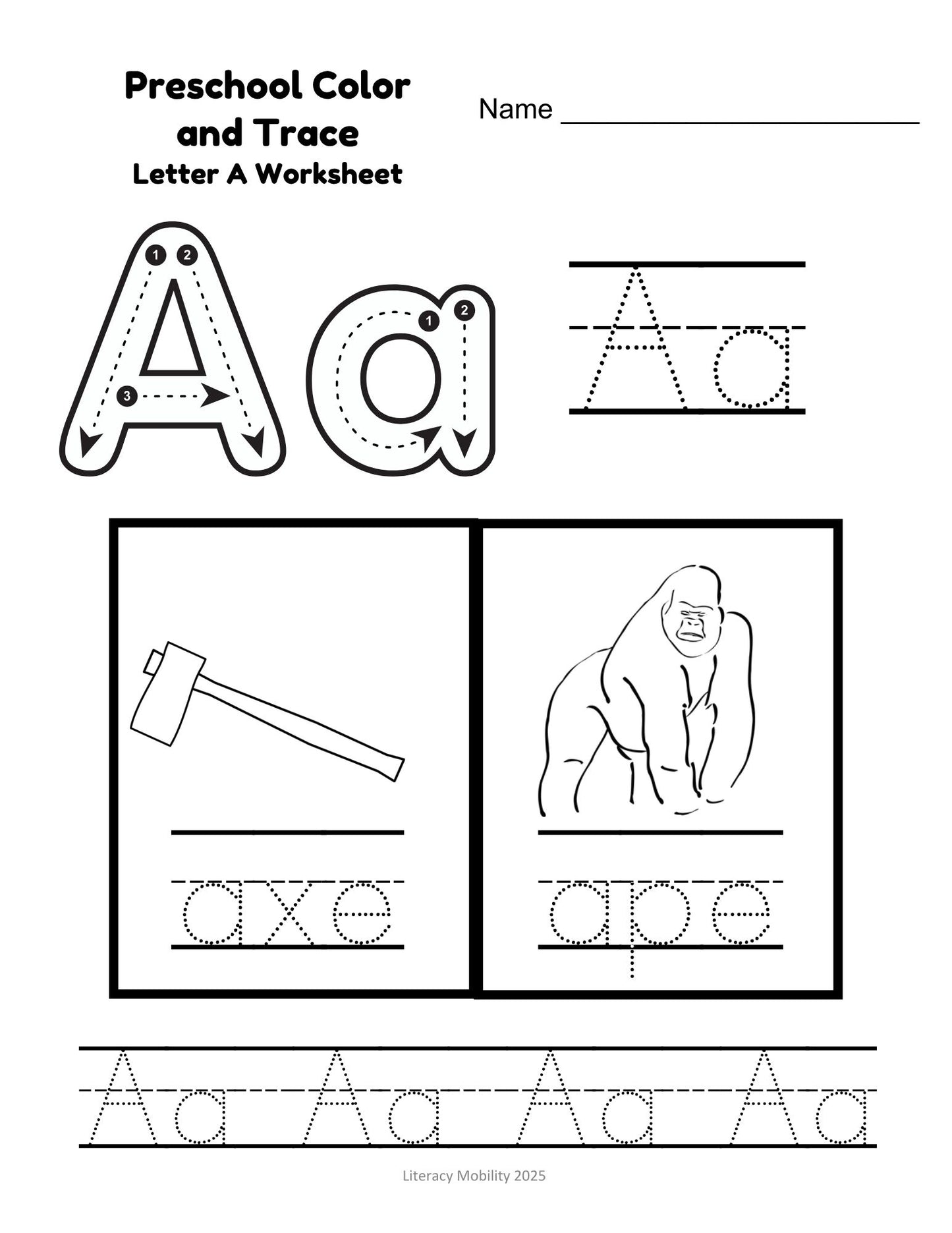 Preschool coloring, trace letter a worksheet
