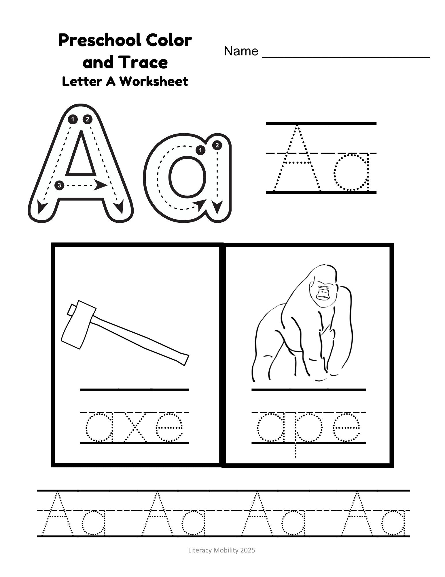Preschool coloring, trace letter a worksheet