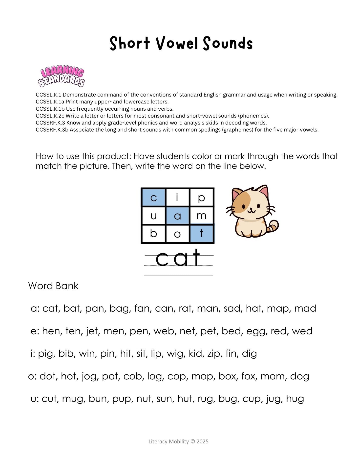 short vowel sound word search learning standards