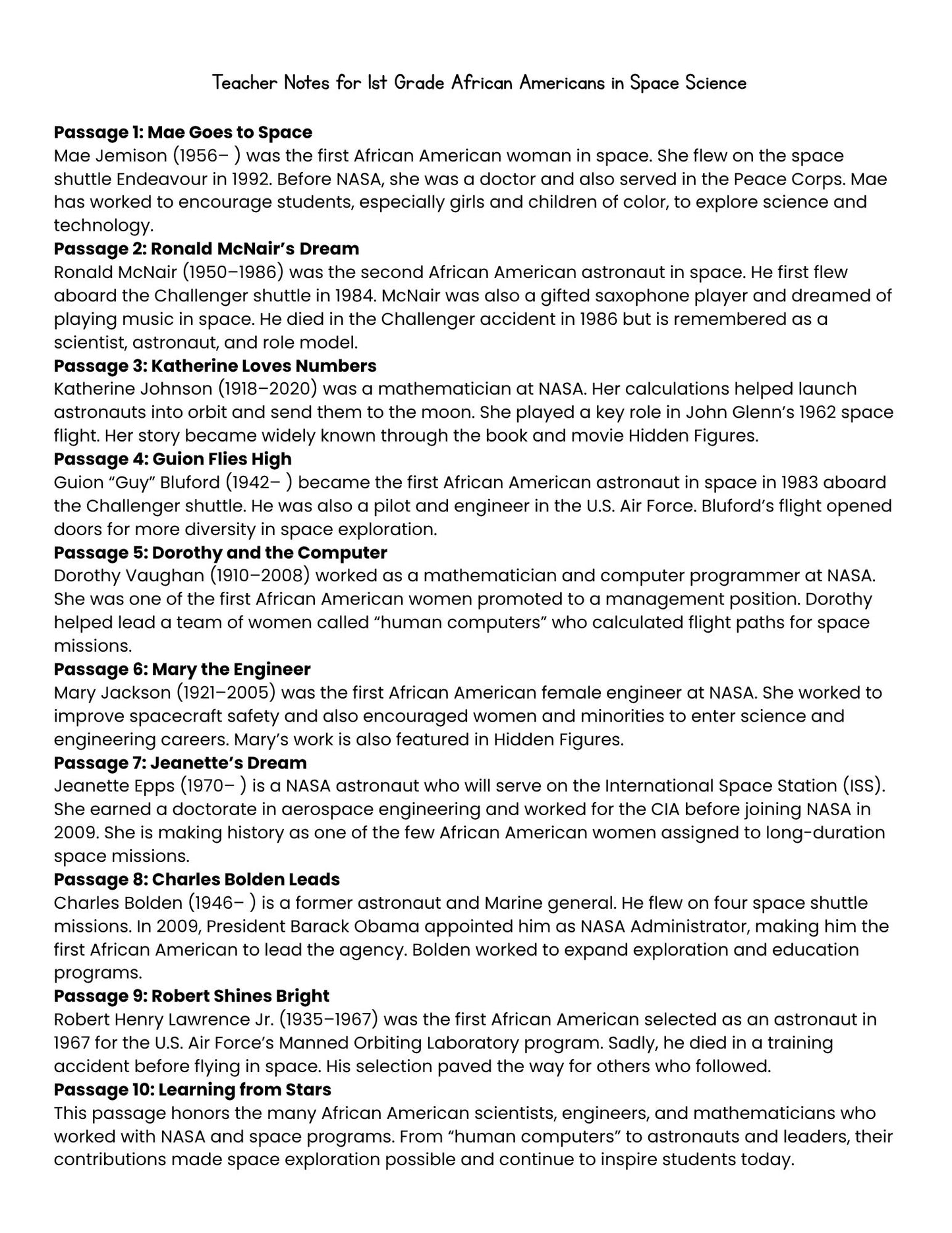 Text document with teacher notes for 1st grade African Americans in space science