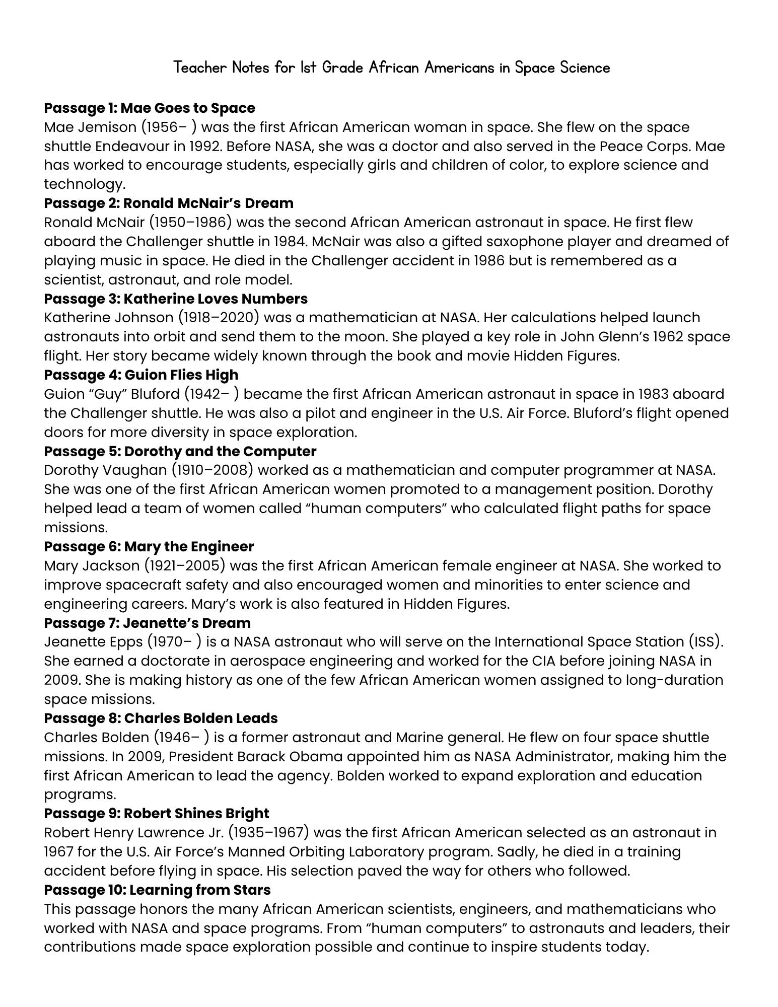 Text document with teacher notes for 1st grade African Americans in space science
