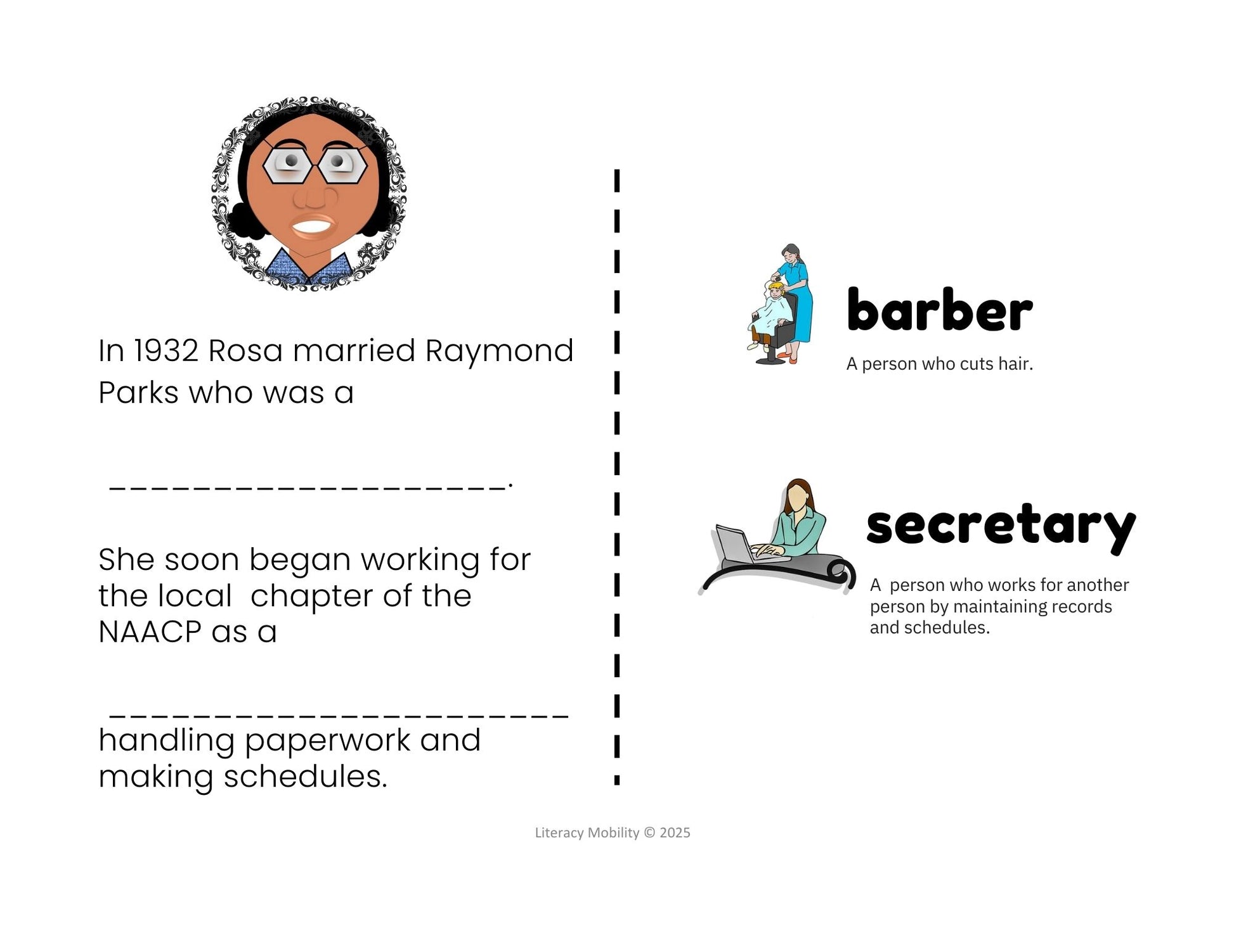 The book of Rosa Parks Making inferences with pictures fill in the blank page