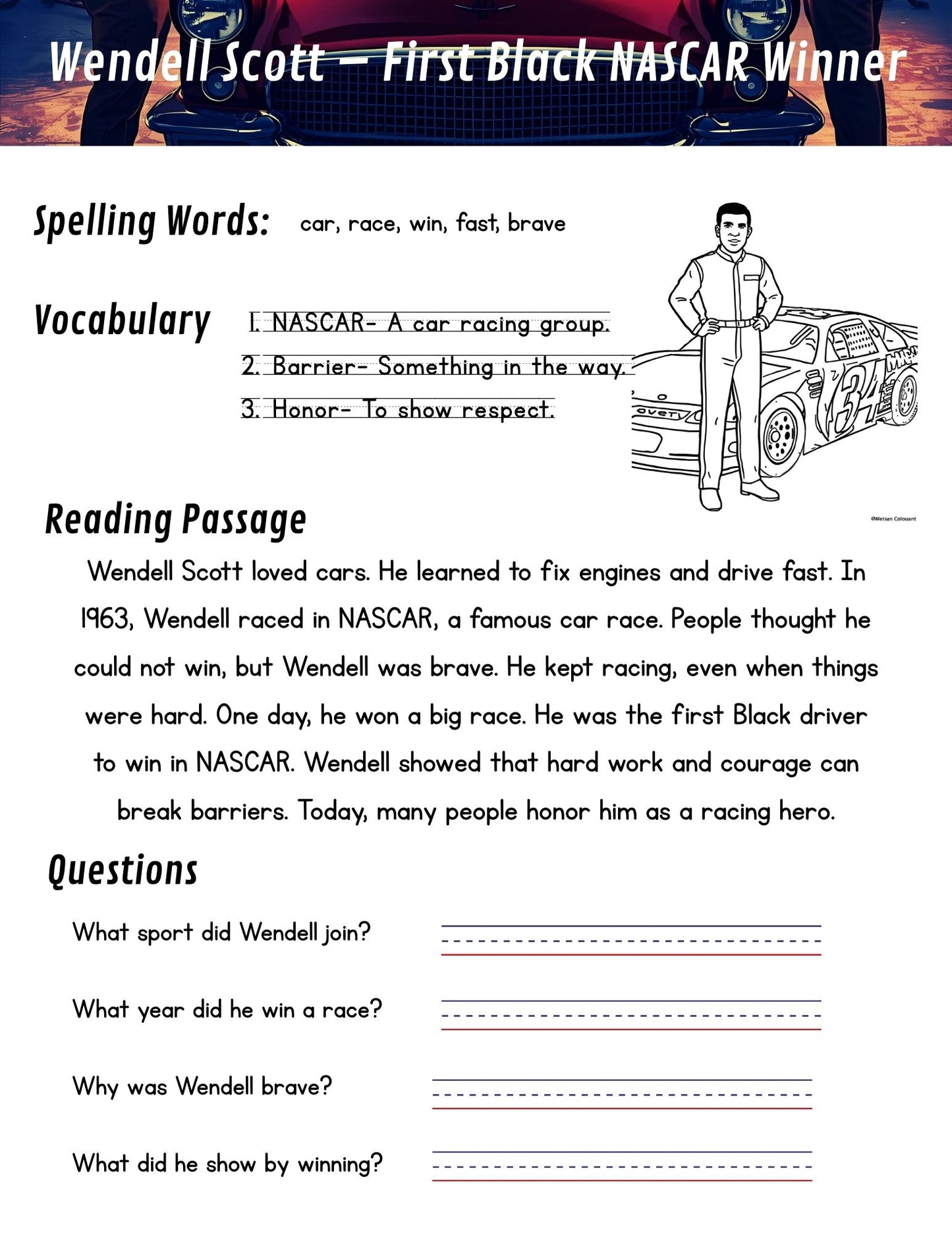 Educational worksheet about Wendell Scott, the first Black NASCAR winner, with spelling words, vocabulary, reading passage, and questions.