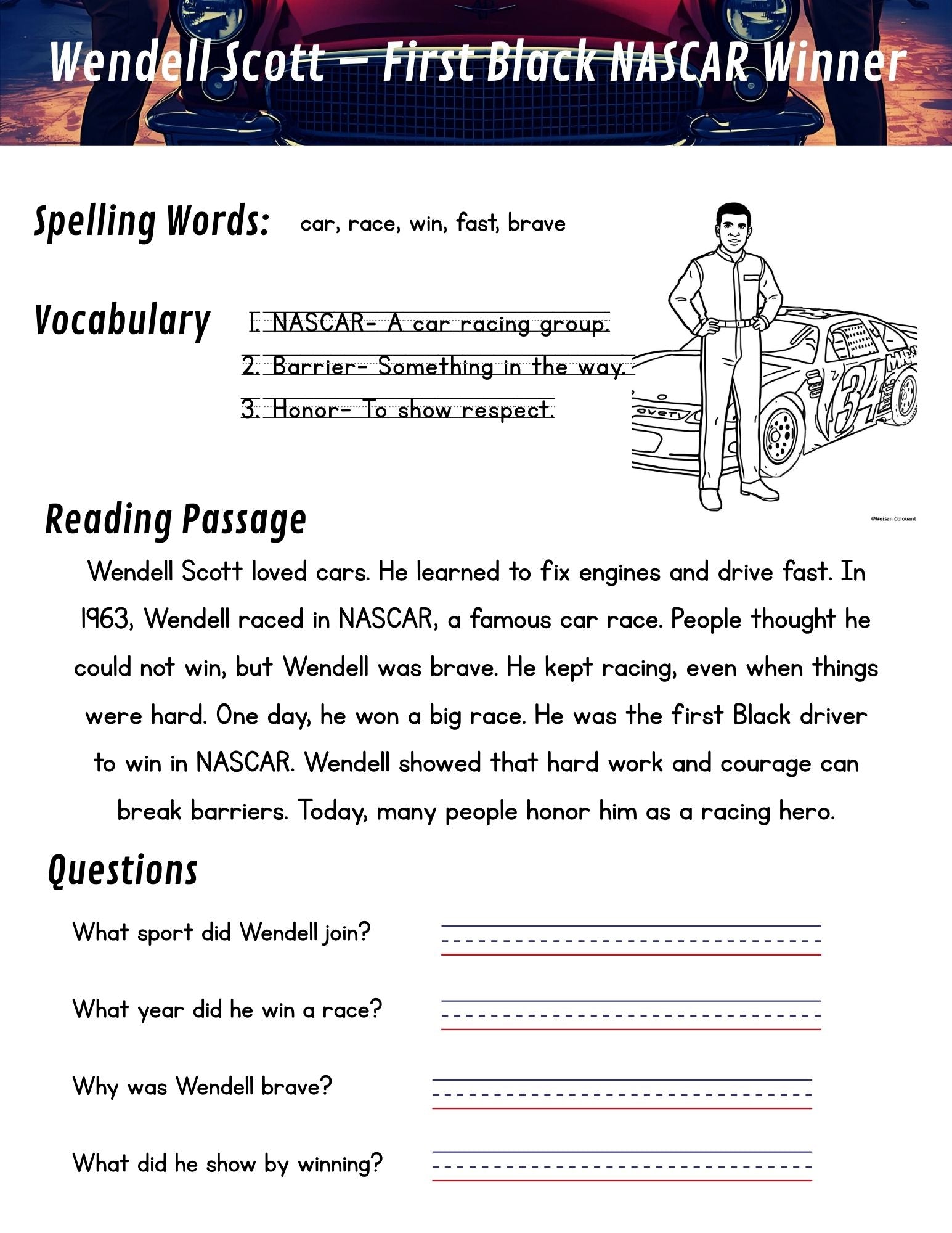 Educational worksheet about Wendell Scott, the first Black NASCAR winner, with spelling words, vocabulary, reading passage, and questions.