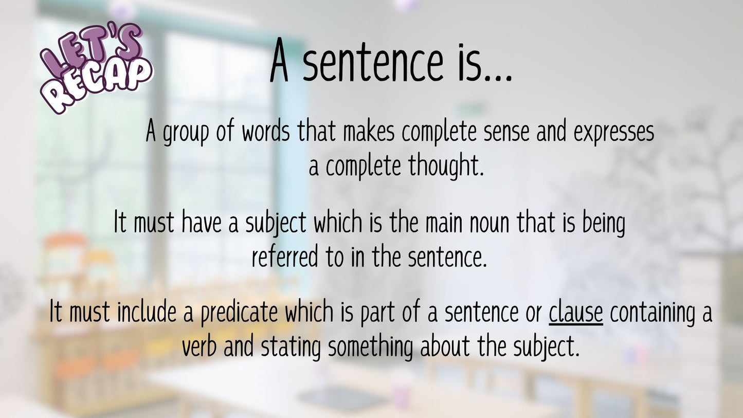Writing Sentences PowerPoint and Worksheet Let's Recap what a sentence is
