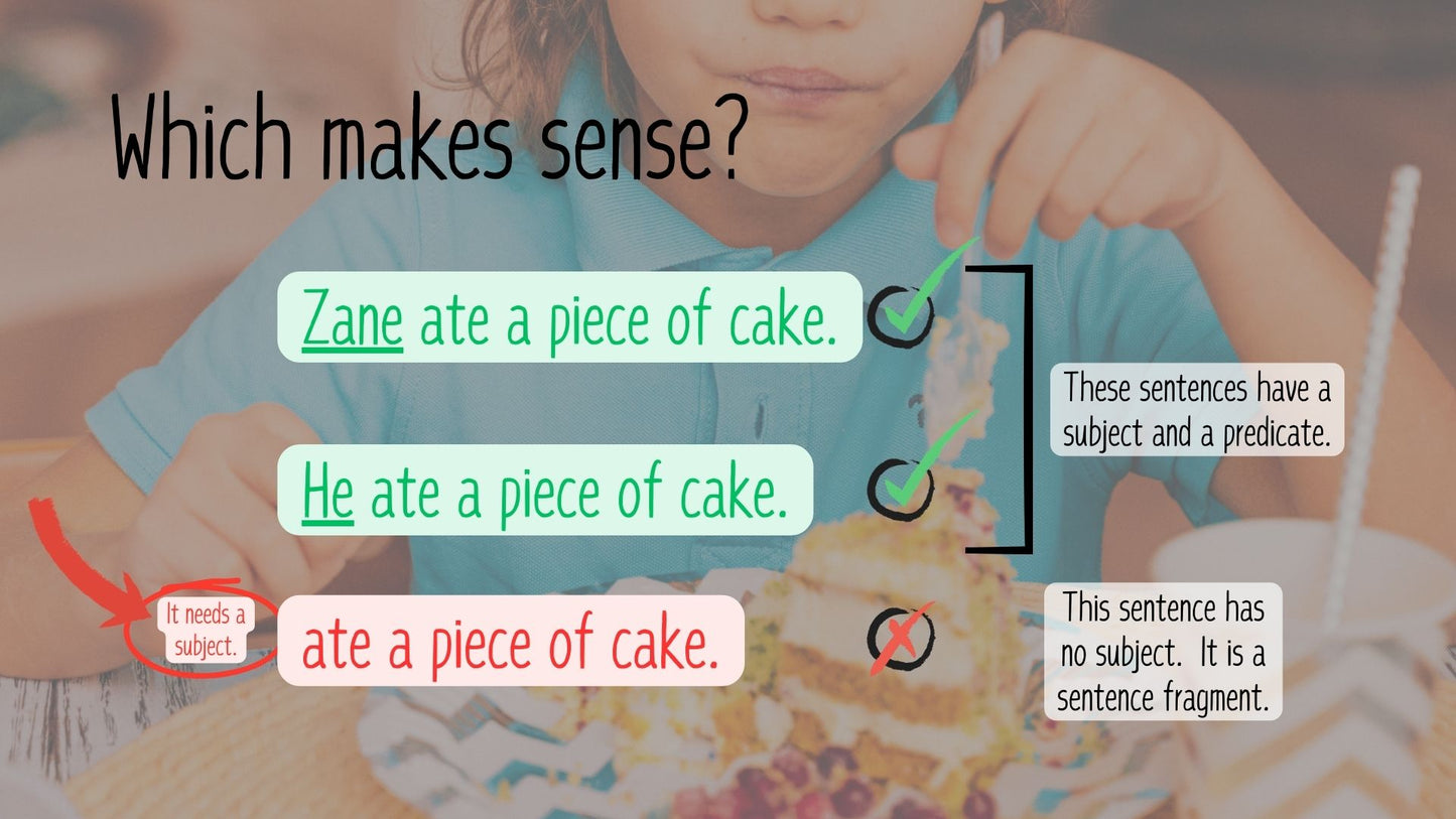 Writing Sentences PowerPoint and Worksheet subject and predicate vs sentence fragment, which makes sense