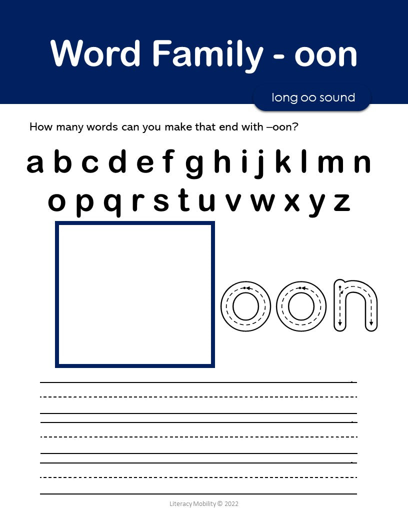 Worksheet for teaching word family 'oon' with a blue border and black text.