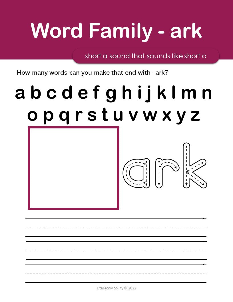 Worksheet for teaching word families with the word 'ark' on a white background with purple border.