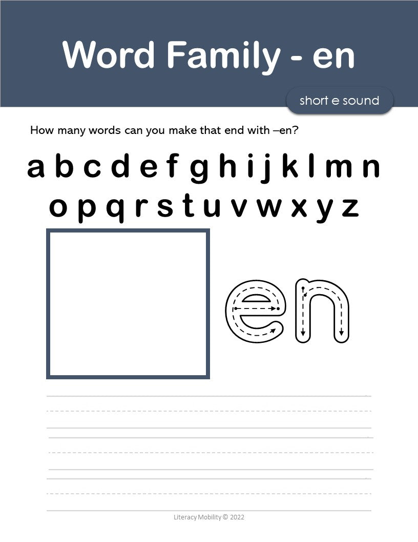 Worksheet for teaching word families with the '-en' ending, focusing on the short 'e' sound.