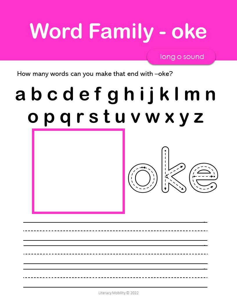 Worksheet for teaching word family '-oke' with a pink border and black text.